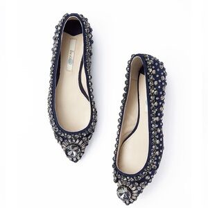 Boden Jewelled Embellished Ballet Flats Size 37 US 6.5 Navy Crystal Pointed Toe